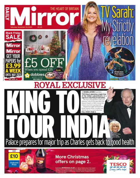 Muka depan The Daily Mirror dengan tajuk: "Raja melawat India"