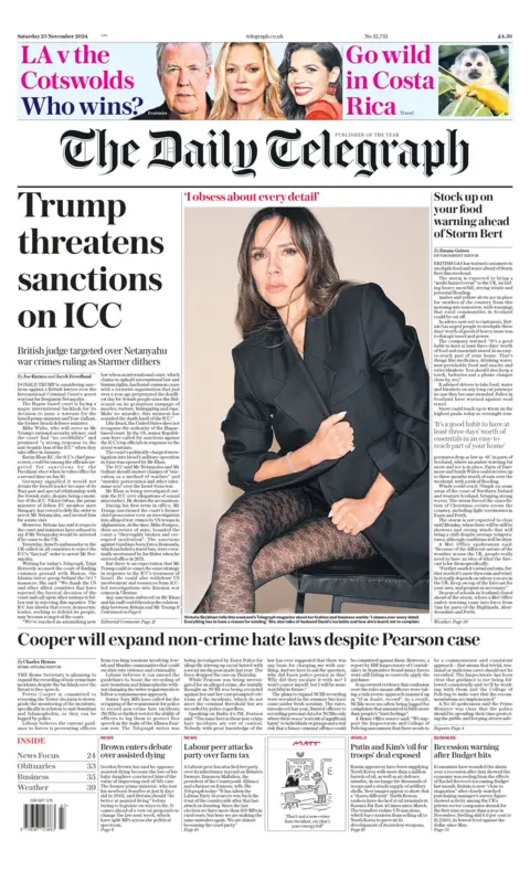 Muka depan Daily Telegraph dengan tajuk: "Trump mengancam sekatan ke atas ICC"