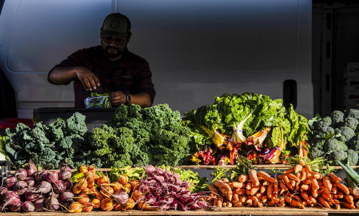 Tumpukan kubis, lobak merah, bit, brokoli dan sayur-sayuran lain di gerai pasar tani.