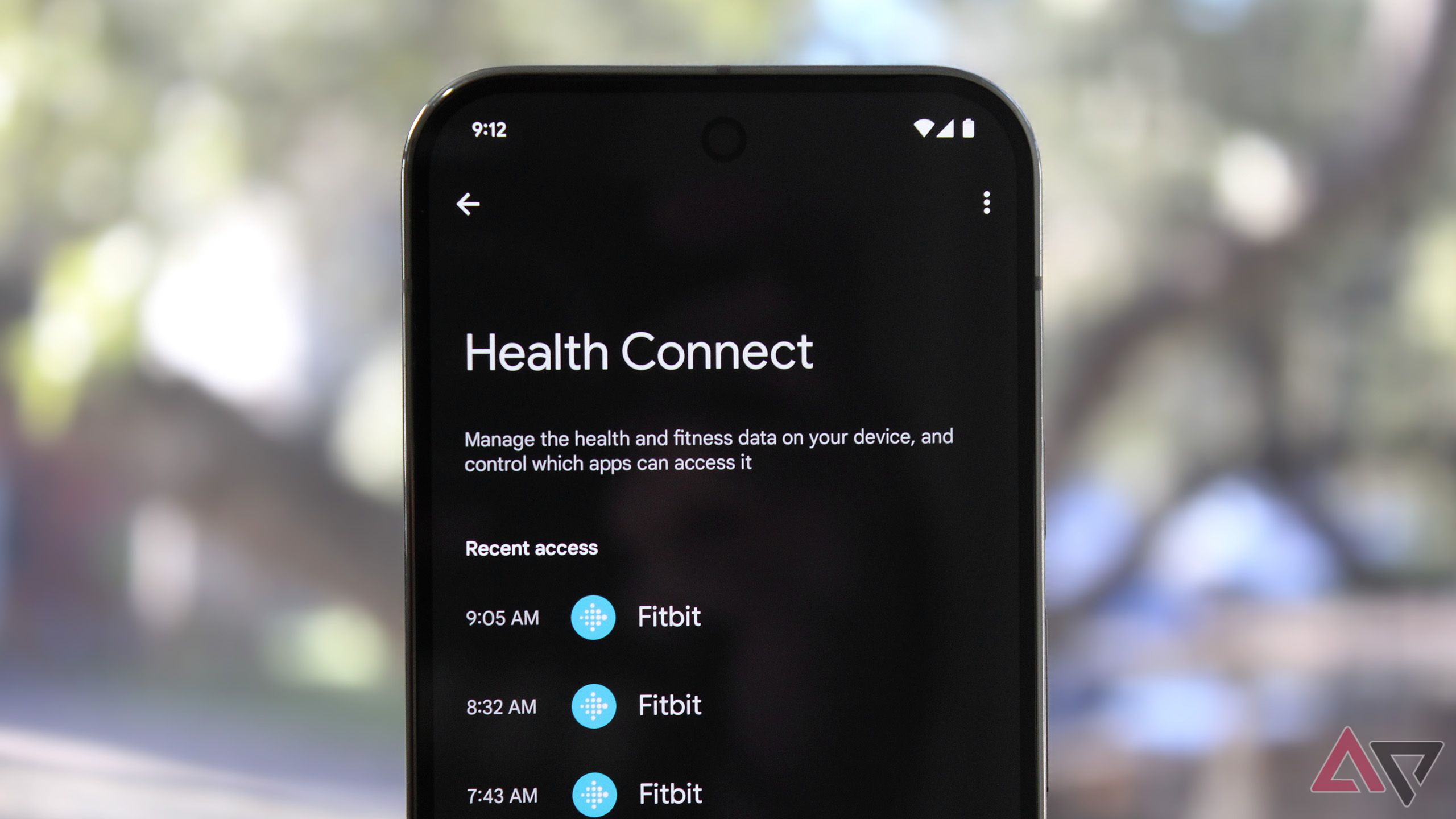 Foto menu Health Connect pada Google Pixel 9 Pro dengan pepohon tidak fokus di latar belakang.