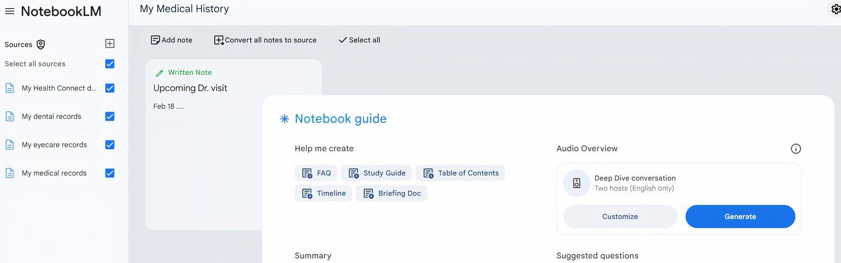 Mockup tentang cara NotebookLM berpotensi mengurus data kesihatan sepanjang hayat