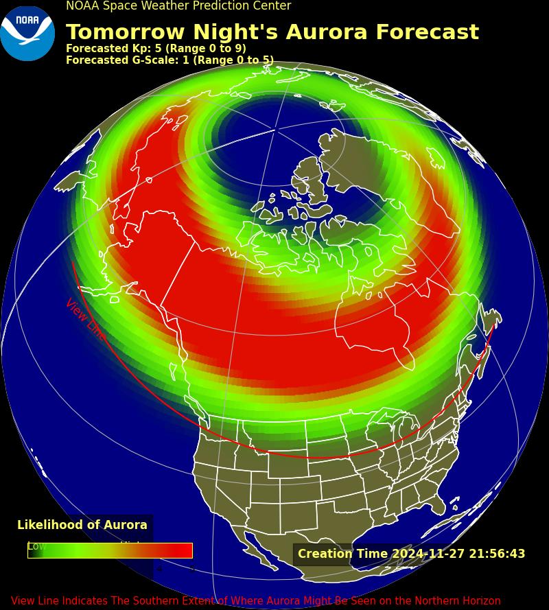 Peta ramalan Auroral menunjukkan kebarangkalian tinggi aurora di seluruh Kanada, Alaska dan beberapa negeri utara.