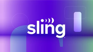 Logo Sling TV dengan latar belakang CNET kecerunan ungu. 